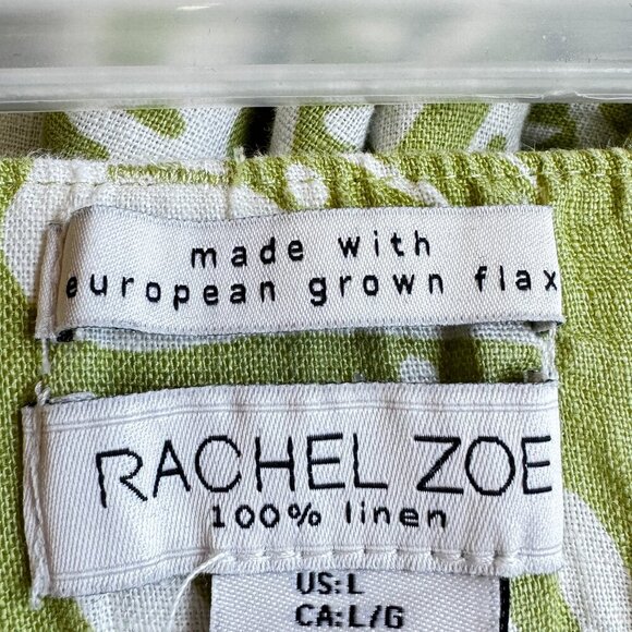 Rachel Zoe Linen Wide Leg Pants Elastic Waist Sash 4 Pockets Green Leafy Print L - Picture 7 of 10